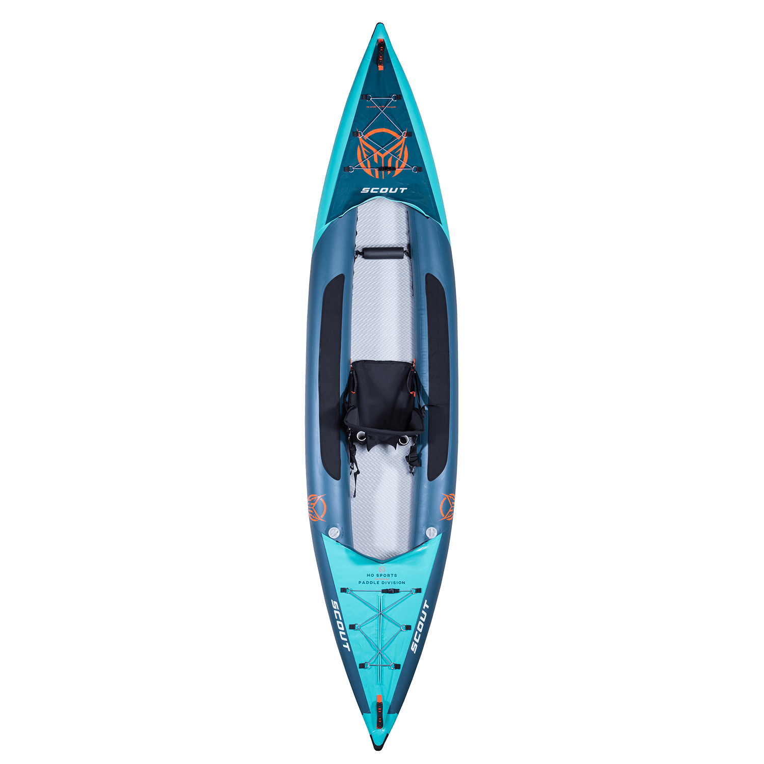 Top view of the Scout 13' Kayak, showing its blue and teal inflatable body, black seat, and footrests.