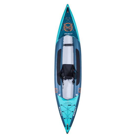 Top view of the Scout 13' Kayak, showing its blue and teal inflatable body, black seat, and footrests.