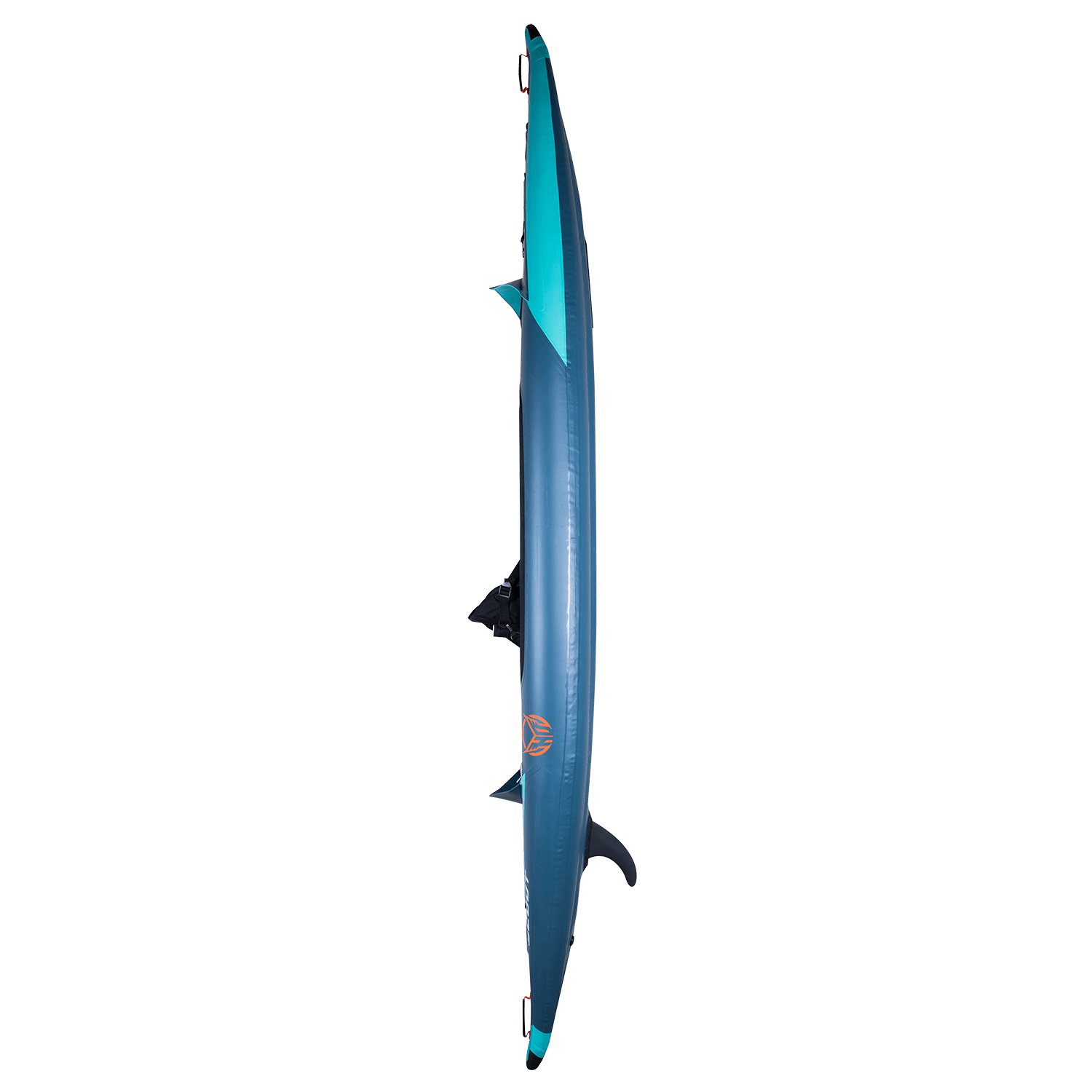 Side view of the Scout 13' Kayak, highlighting its sleek profile, side fins, and dark blue exterior.