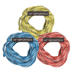 Three coiled 2K Tube Ropes in yellow, blue, and red, each with a black "HO Sports" handle wrap.