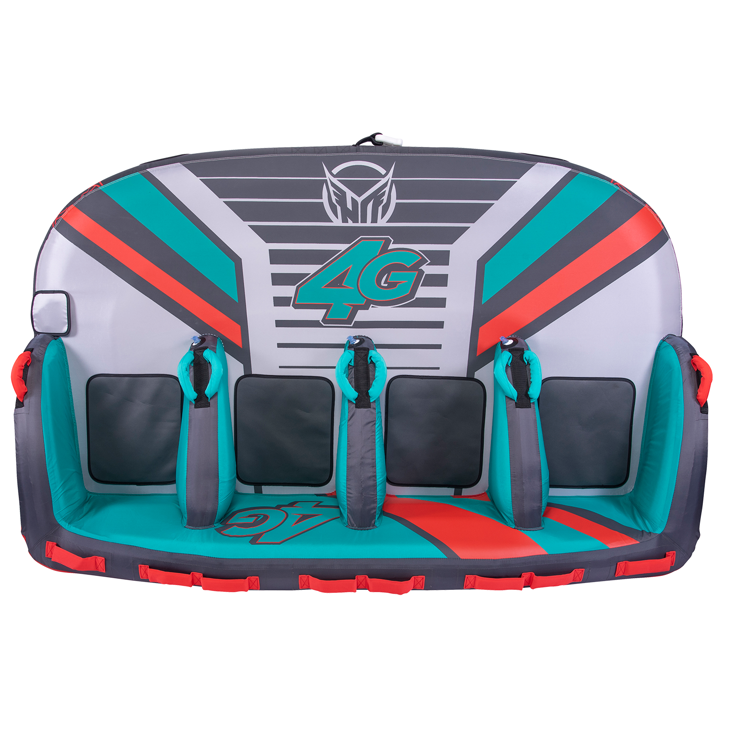 Top view of the 4G towable tube with a gray, teal, and red design, four padded seats, and grab handles.