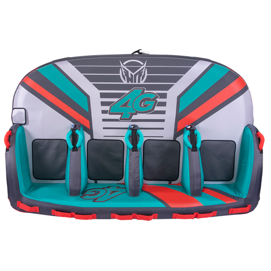 Top view of the 4G towable tube with a gray, teal, and red design, four padded seats, and grab handles.