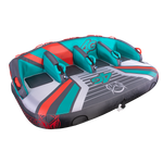 Left-angle view of the 4G towable tube with a gray, teal, and red design, four padded seats, and grab handles.
