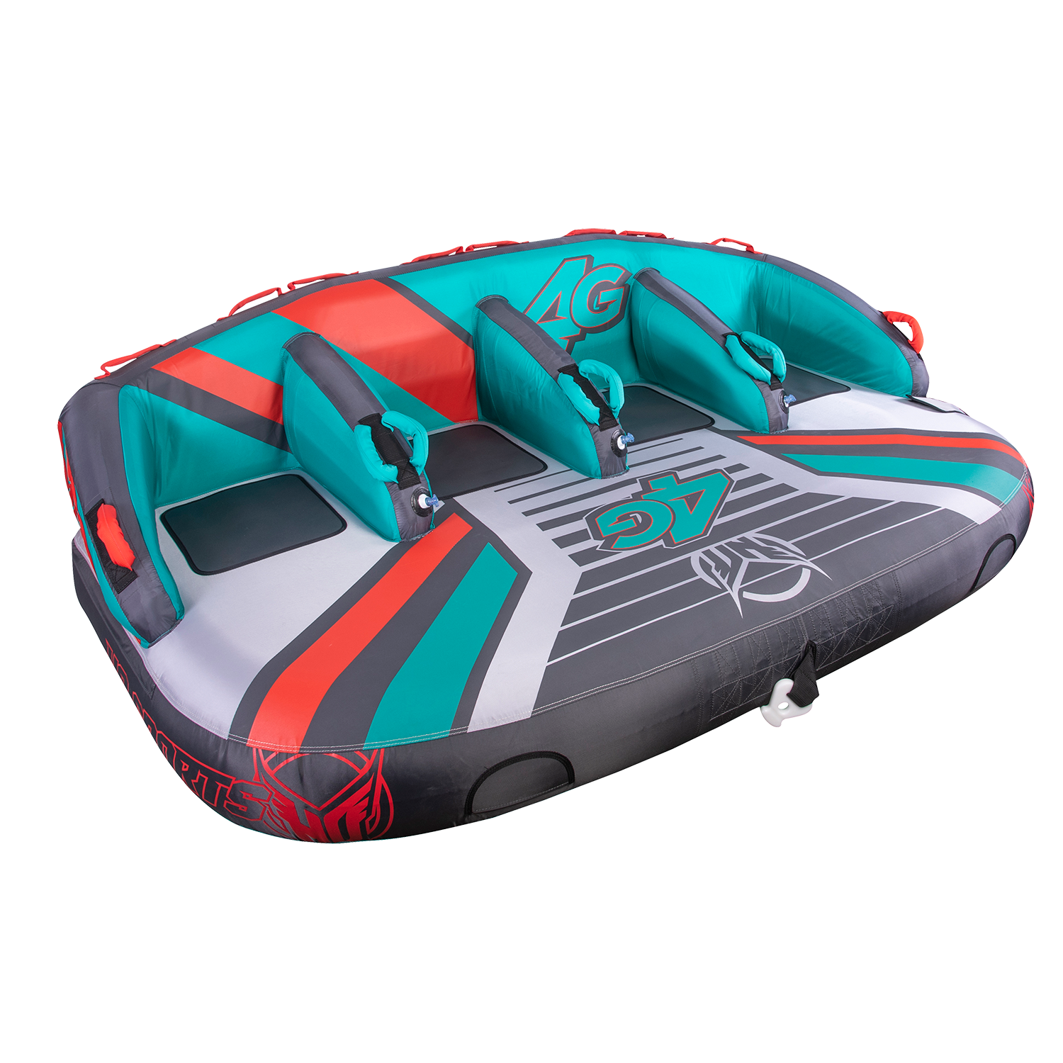 Left-angle view of the 4G towable tube with a gray, teal, and red design, four padded seats, and grab handles.