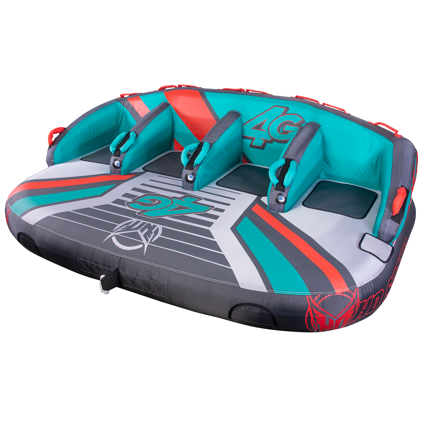 Right-angle view of the 4G towable tube with a gray, teal, and red design, four padded seats, and grab handles.