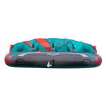 Front view of the 4G towable tube with a gray, teal, and red design, four padded seats, and grab handles.