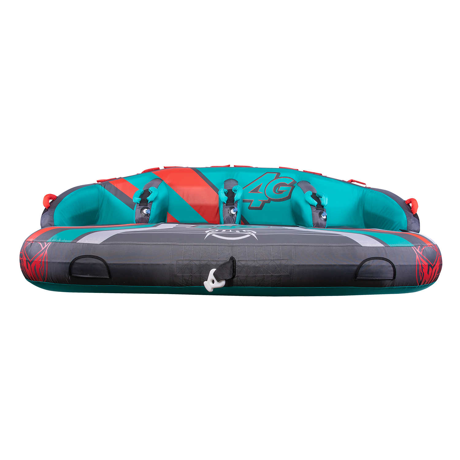 Front view of the 4G towable tube with a gray, teal, and red design, four padded seats, and grab handles.
