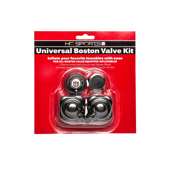 HO Sports Universal Boston Valve Kit in red packaging, including two Boston valves and a Schrader valve adapter.