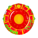Top view of the Citrus towable tube, a red and yellow circular inflatable with green grab handles and a sunburst pattern.