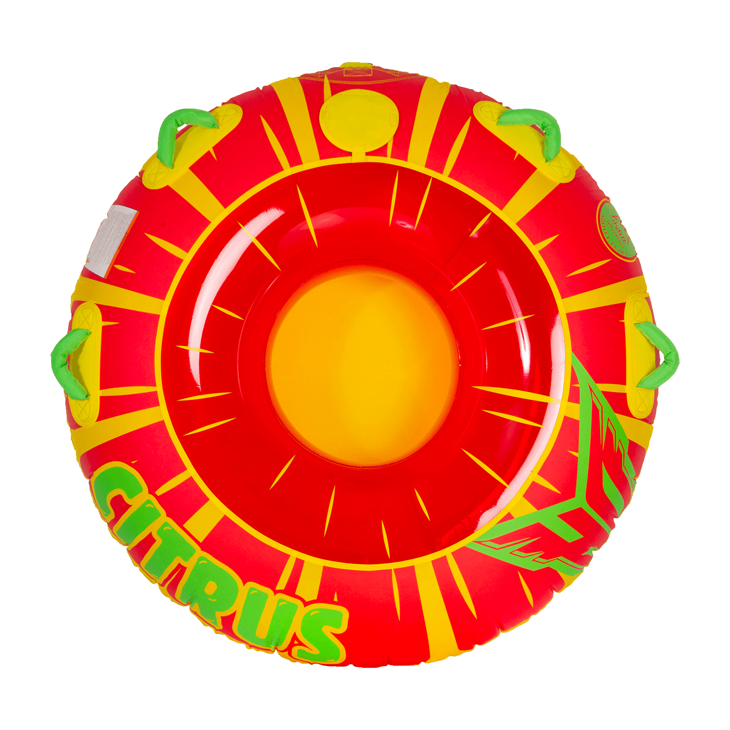 Top view of the Citrus towable tube, a red and yellow circular inflatable with green grab handles and a sunburst pattern.