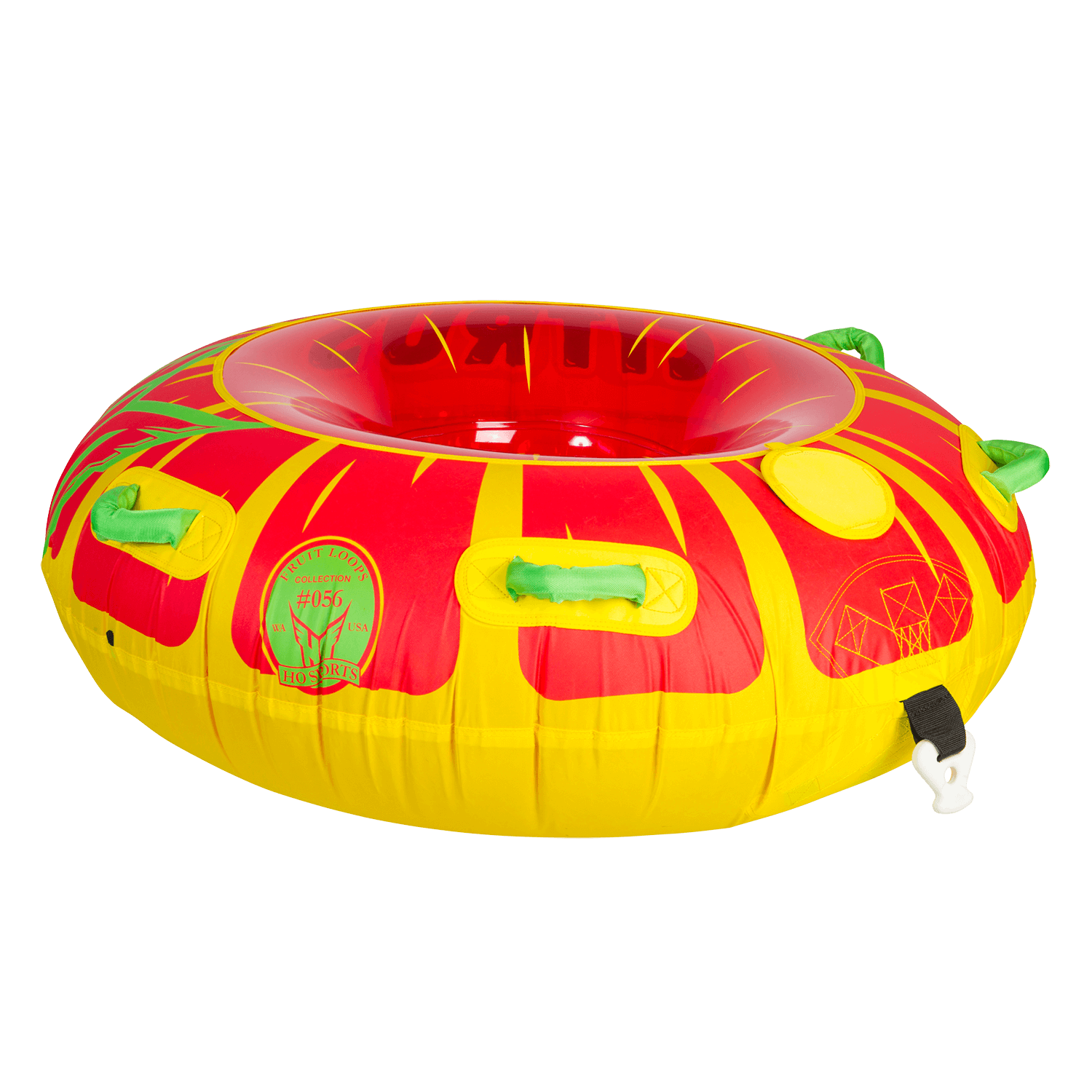 Side view of the Citrus towable tube, a red and yellow circular inflatable with green grab handles and a sunburst pattern.