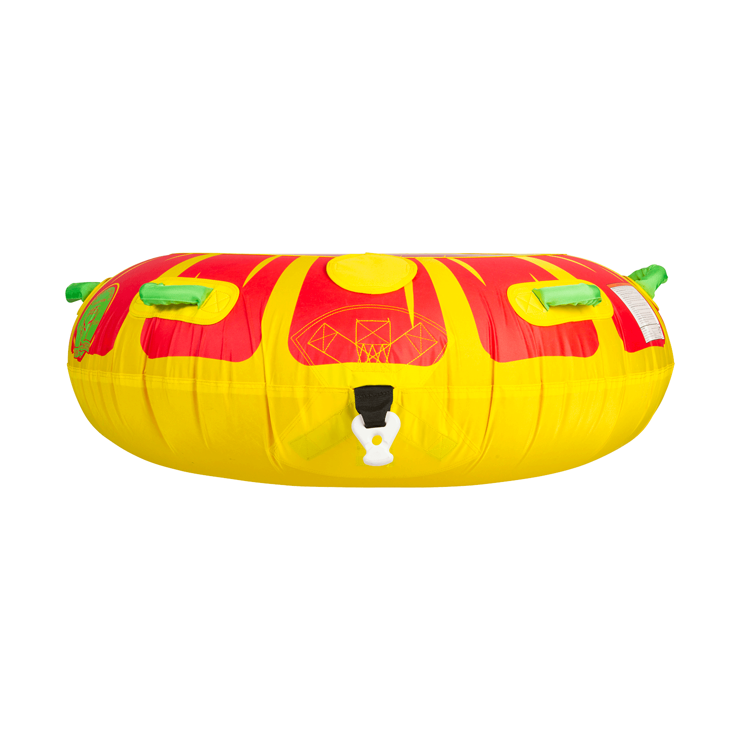 Profile view of the Citrus towable tube, a red and yellow circular inflatable with green grab handles and a sunburst pattern.