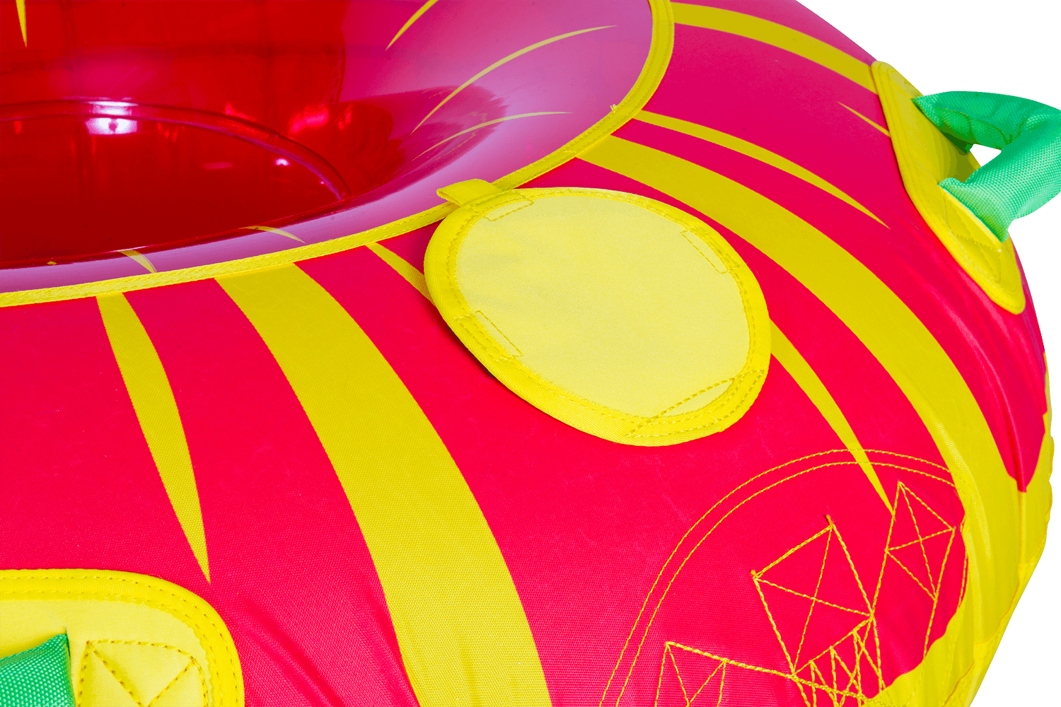 Close up of the Citrus towable tube, a red and yellow circular inflatable with green grab handles and a sunburst pattern.