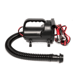 Side view of the High Volume Tube Pump, a black electric pump with a coiled hose and red and black alligator clips.