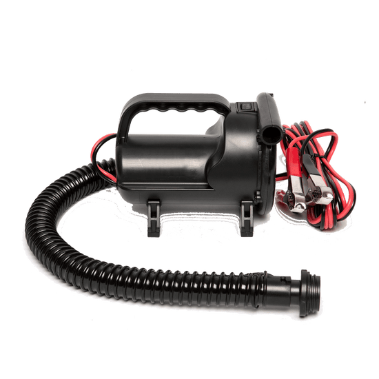Side view of the High Volume Tube Pump, a black electric pump with a coiled hose and red and black alligator clips.