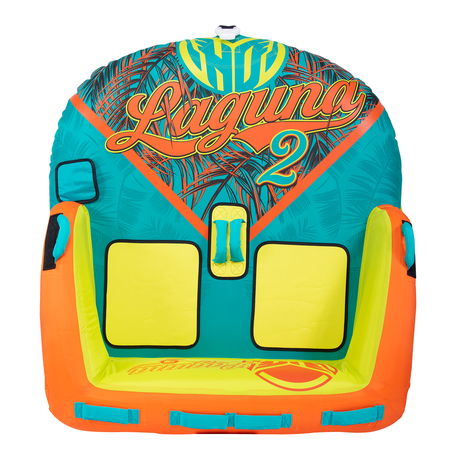 Top view of the Laguna 2 towable tube in teal, yellow, and orange with a tropical print and padded backrest.