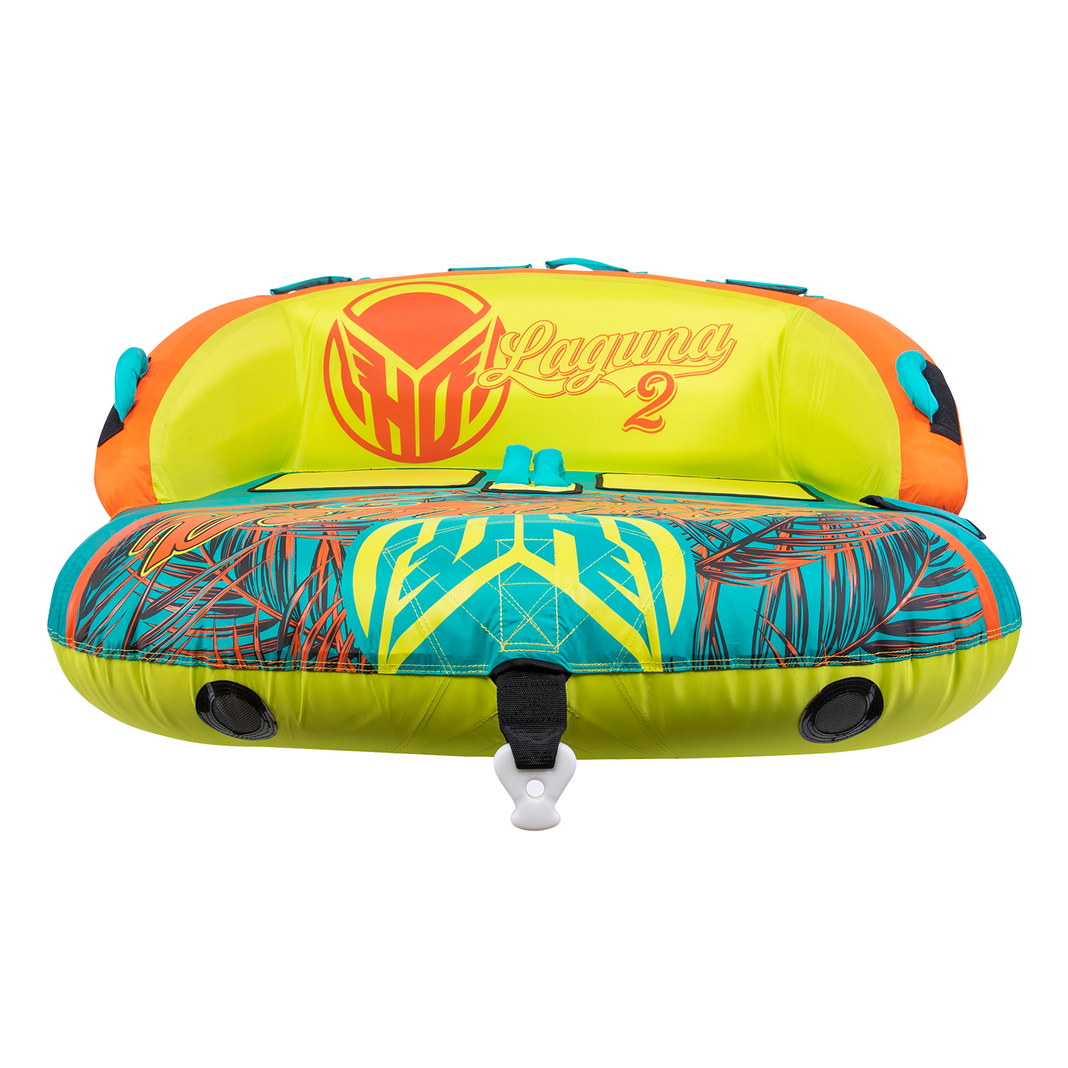 Front view of the Laguna 2 towable tube in teal, yellow, and orange with a tropical print and padded backrest.