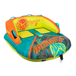 Angled view of the Laguna 2 towable tube in teal, yellow, and orange with a tropical print and padded backrest.