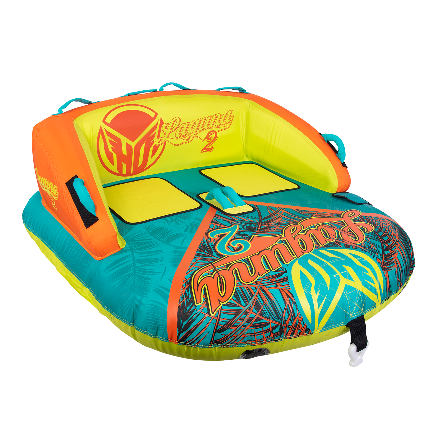 Angled view of the Laguna 2 towable tube in teal, yellow, and orange with a tropical print and padded backrest.