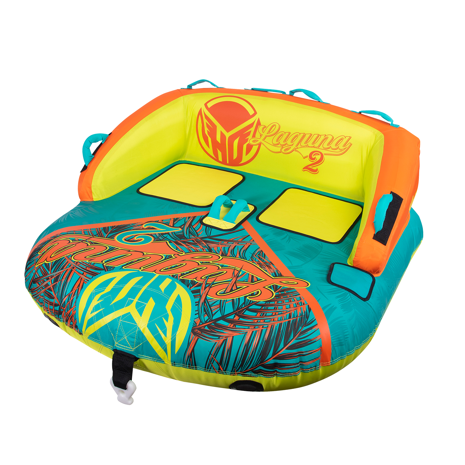 Angled right-side view of the Laguna 2 towable tube in teal, yellow, and orange with a tropical print and padded backrest.