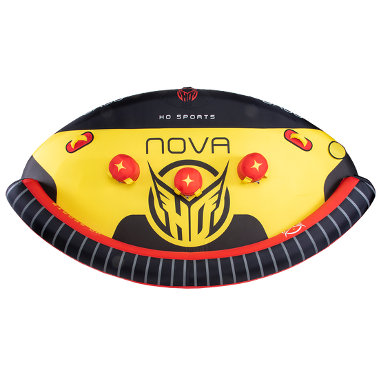 Top view of Nova 4 towable tube in yellow, black, and red with three inflatable red backrests, handles, and bold graphics.