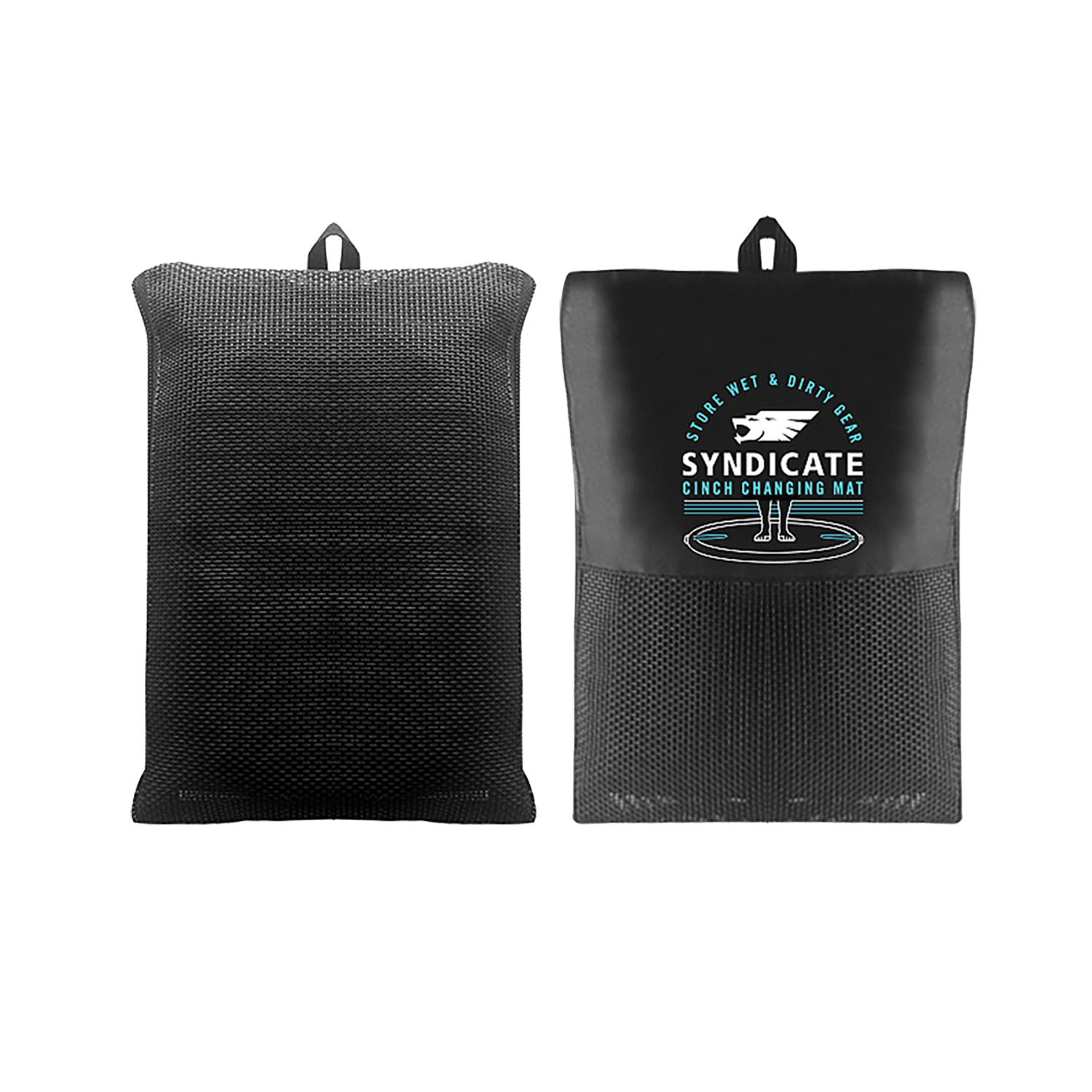 Front and back of the Syndicate Cinch Changing Mat in its compact form, featuring a black mesh storage bag with a white logo.