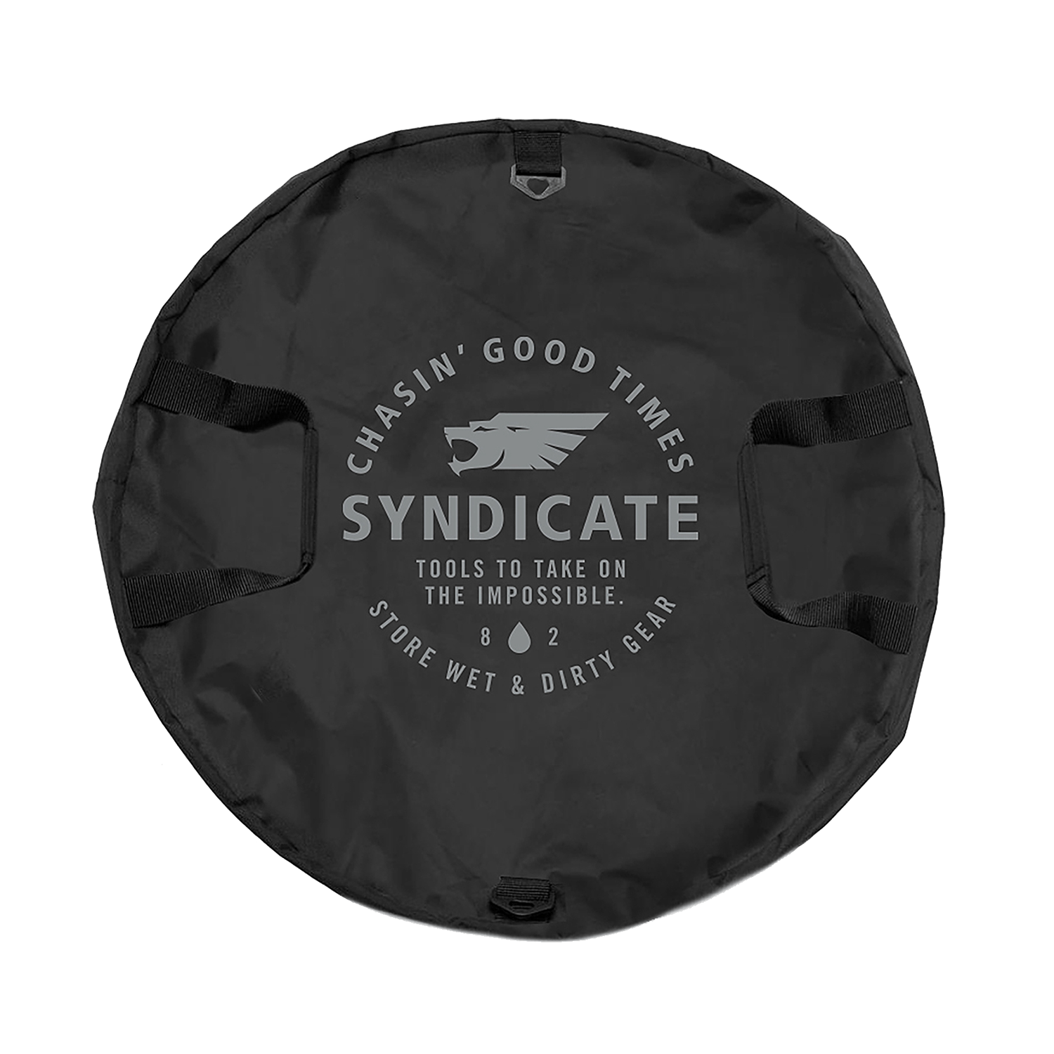 Top view of the black Syndicate Cinch Changing Mat, featuring a circular design, reinforced handles, and bold white logo.