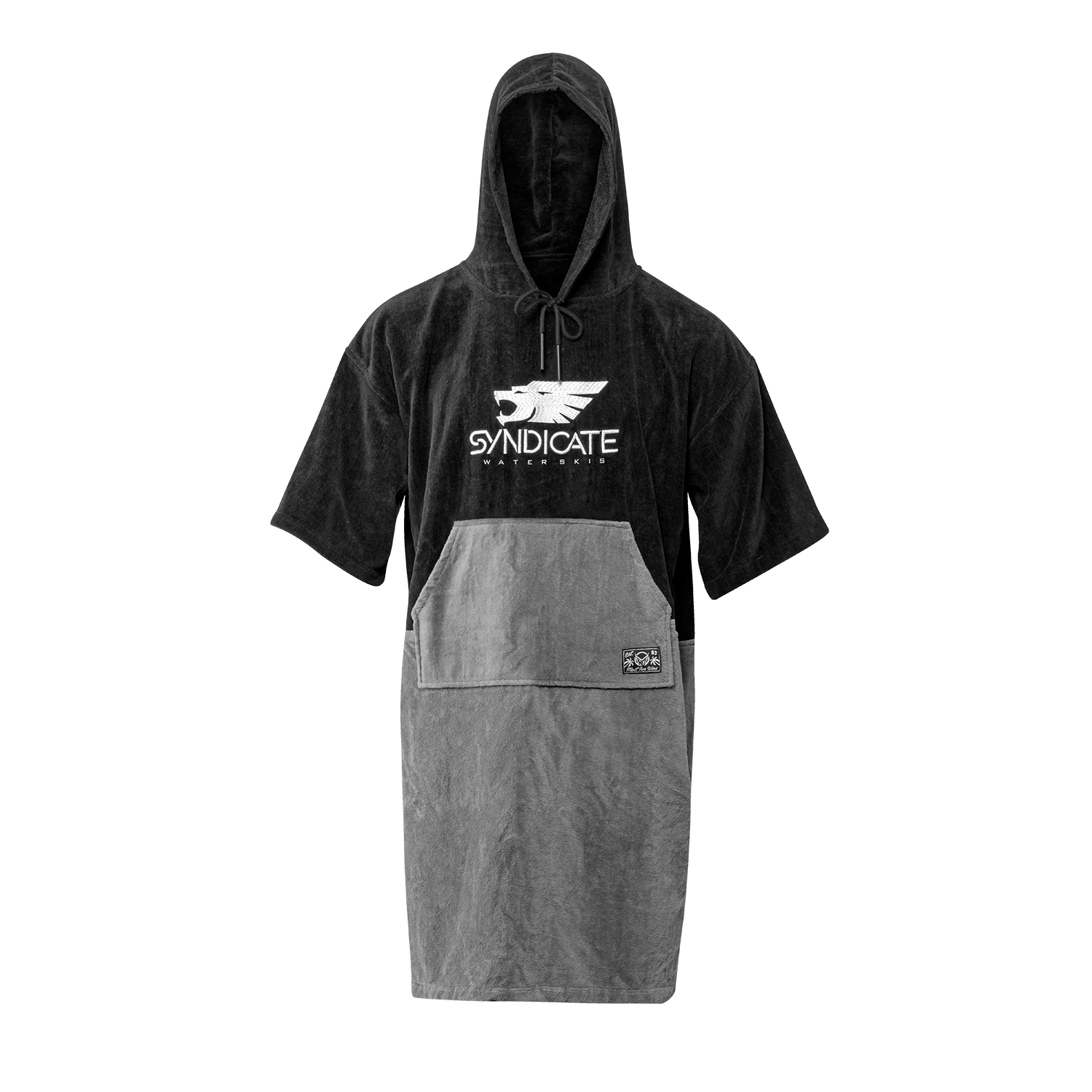 Front of the black and gray Syndicate Changing Towel, featuring a hood, short sleeves, large front pocket, and white logo.