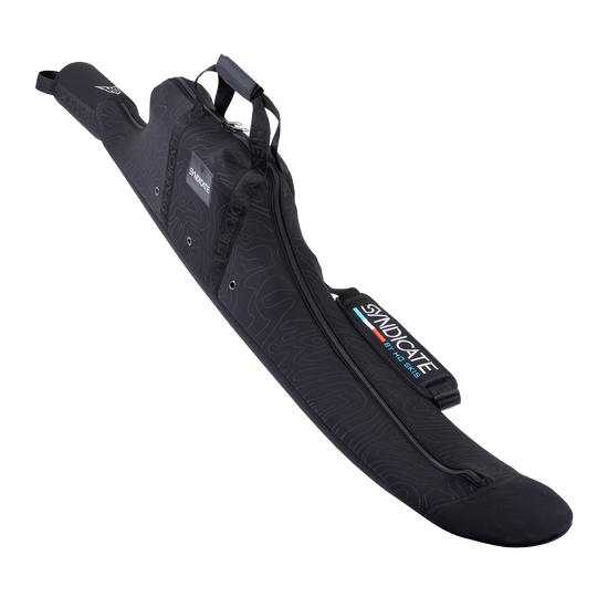 Angled view of Syndicate Neo Bag with Fin Protector 63-66 showing a black padded ski bag with handles and a zipper.