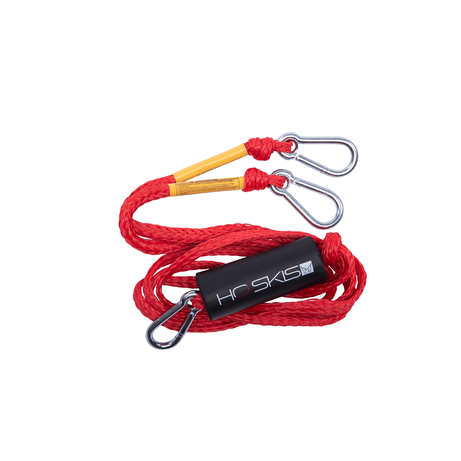 Top view of Rope Boat Tow Harness in red featuring metal clips, yellow reinforcements, and a black HO Skis float.