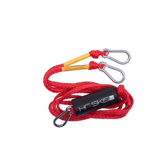 Top view of Rope Boat Tow Harness in red featuring metal clips, yellow reinforcements, and a black HO Skis float.