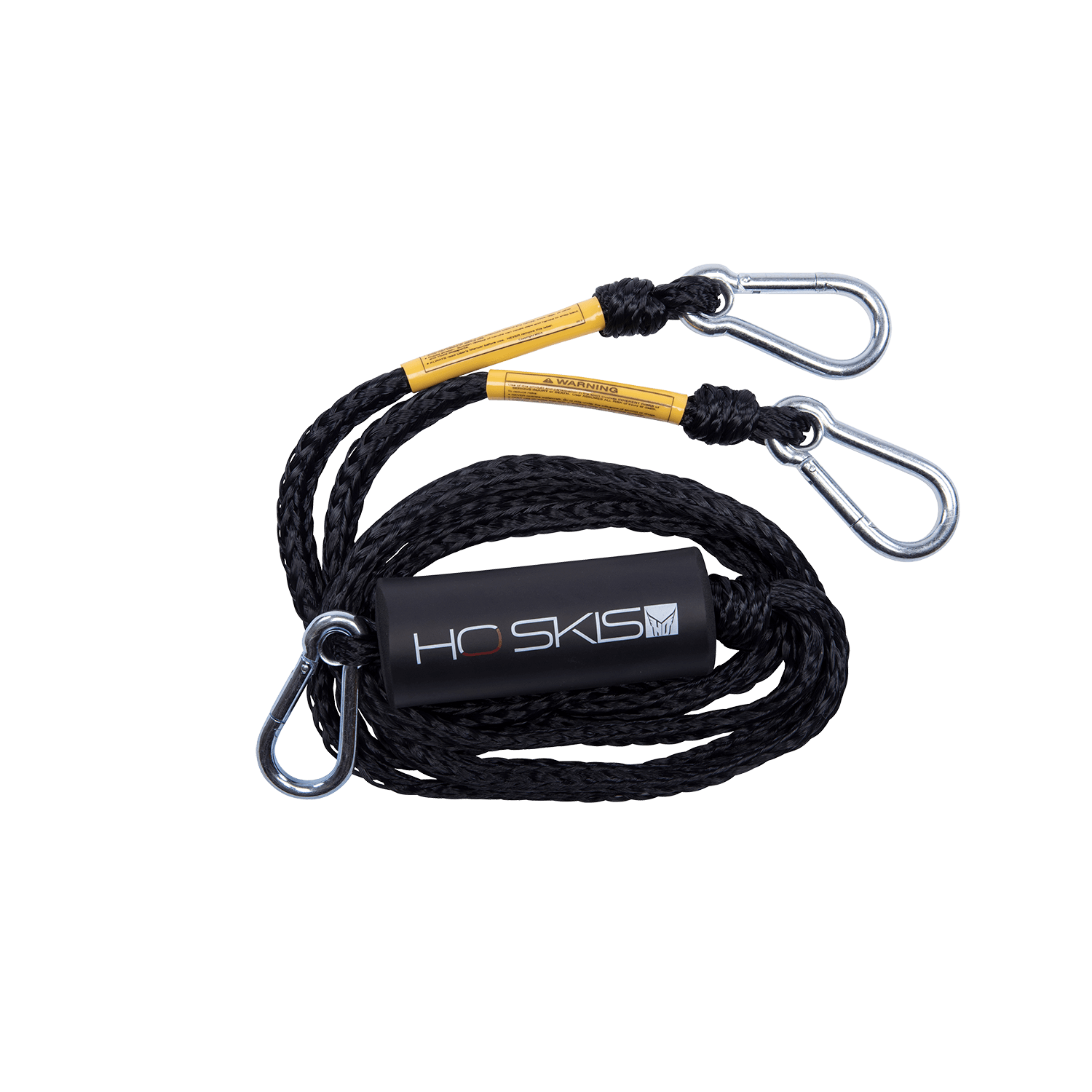 Top view of Rope Boat Tow Harness in black showing metal clips, yellow reinforcements, and a black HO Skis float.