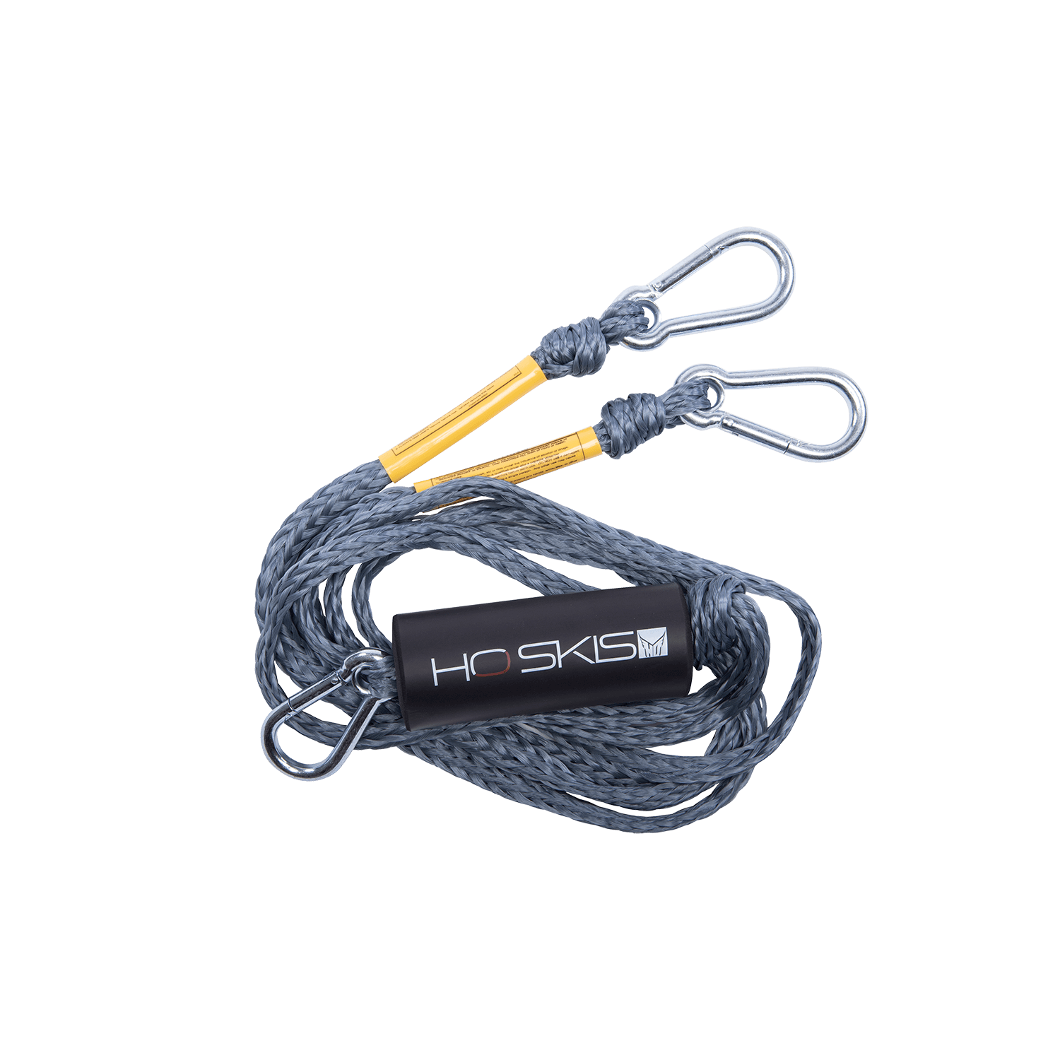 Top view of Rope Boat Tow Harness in gray with metal clips, yellow reinforcements, and a black HO Skis float.