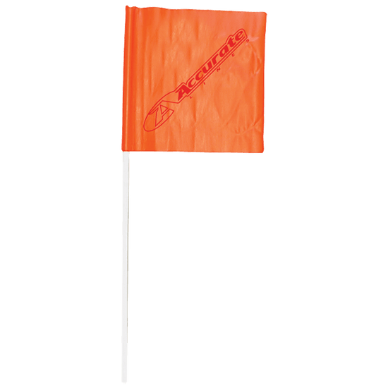 Front view of the Skier Down Flag, a bright orange flag with the "Accurate Line" logo in red, attached to a white pole.
