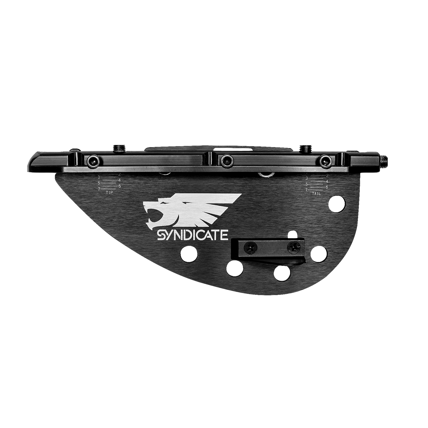 Side view of the black Syndicate Adjustable Fin, featuring a sleek design, multiple adjustment holes, and a bold white logo.