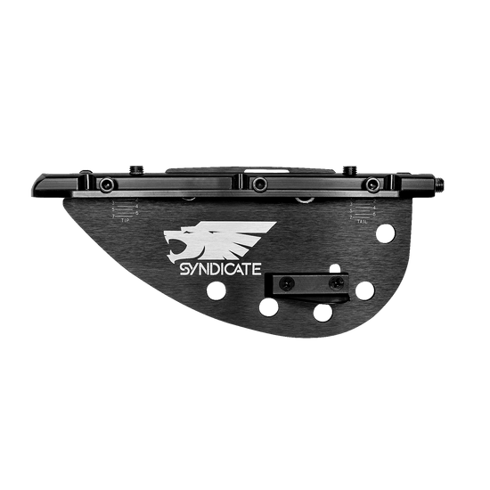 Side view of the black Syndicate Adjustable Fin, featuring a sleek design, multiple adjustment holes, and a bold white logo.