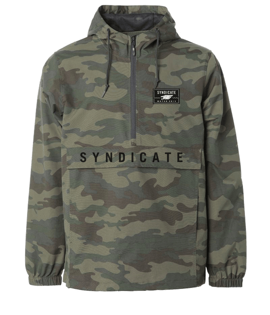 Front of the Syndicate Anorak in camo print, half-zip design, adjustable hood, and large front pocket with bold lettering.
