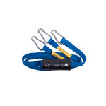 Blue Webbing Boat Tow Harness with three metal carabiner clips, yellow reinforcements, and a black foam pad.