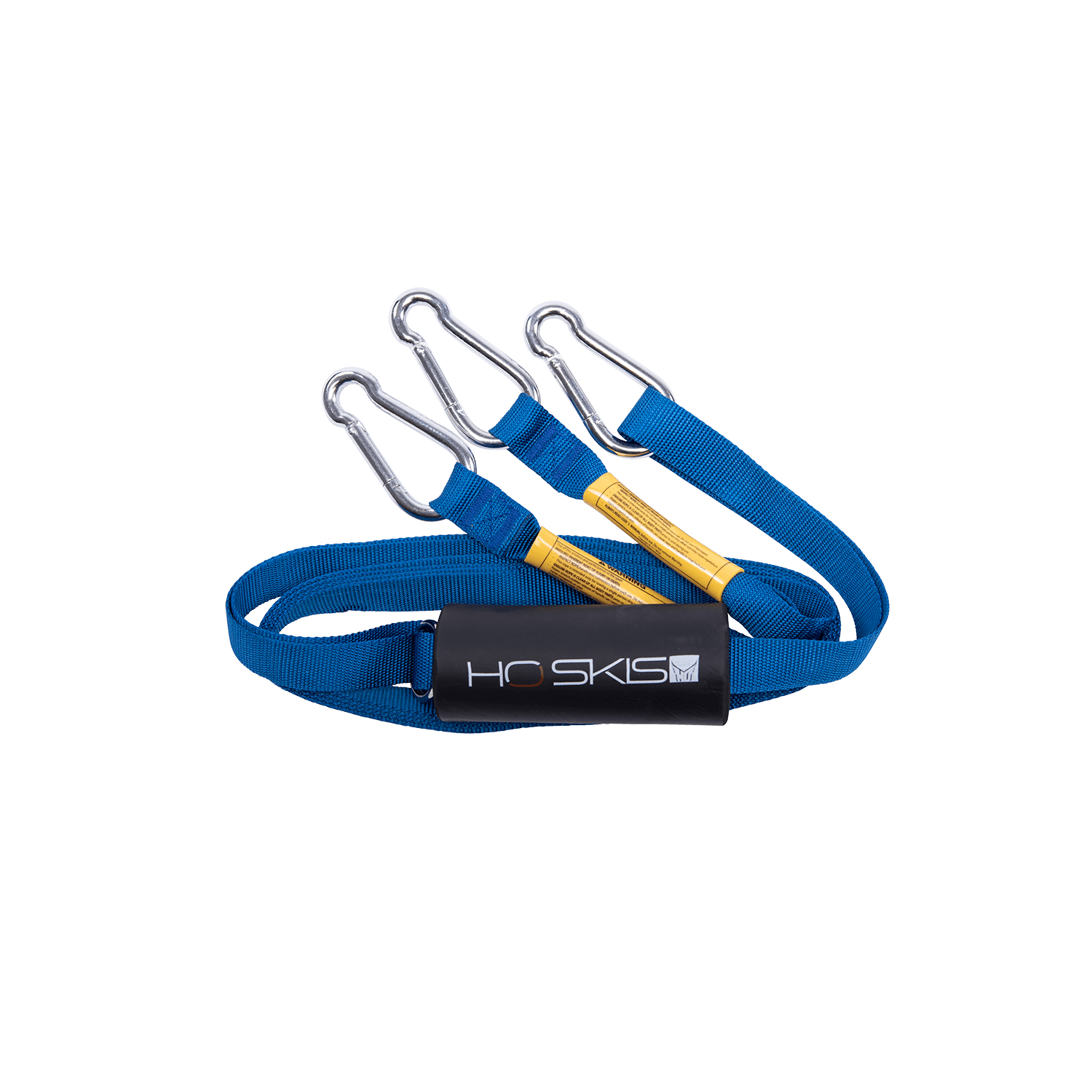 Blue Webbing Boat Tow Harness with three metal carabiner clips, yellow reinforcements, and a black foam pad.
