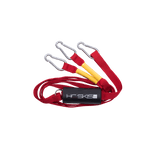 Red Webbing Boat Tow Harness with three metal carabiner clips, yellow reinforcements, and a black foam pad.