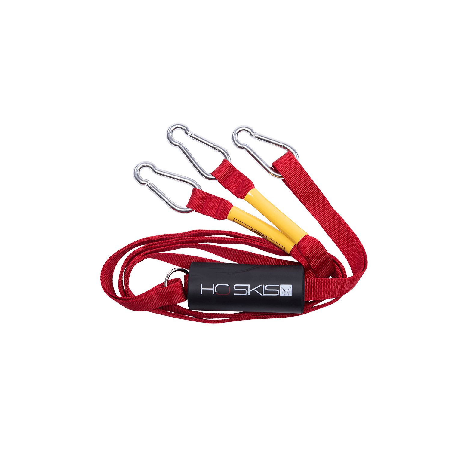 Red Webbing Boat Tow Harness with three metal carabiner clips, yellow reinforcements, and a black foam pad.