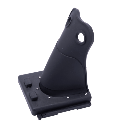 Side view of the black Horseshoe Heel Rubber - Adult with a flexible rubber structure and mounting base.
