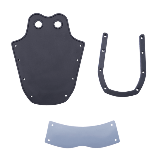 Flat lay of Horseshoe Toe Rubber - Child showing all components: black toe piece, U-shaped support, and silver plate.
