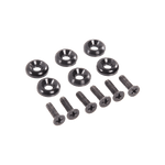 Top-down view of the Ski Boot Mounting Hardware - Front, showing black screws and matching washers arranged in a neat layout.