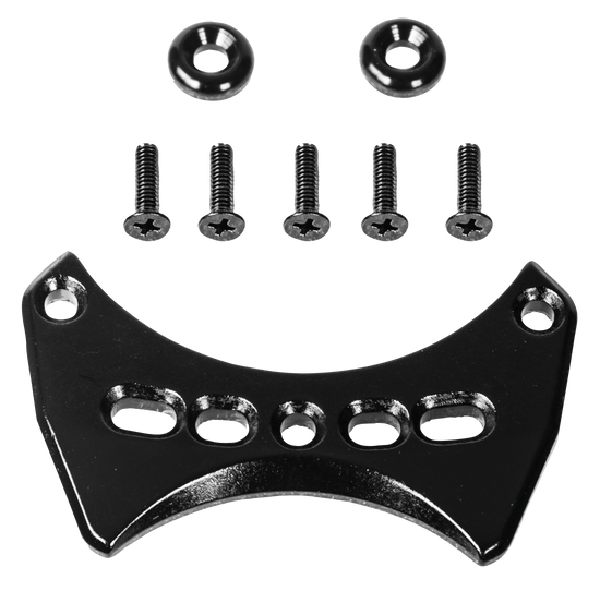 Top-down view of the Ski Boot Mounting Hardware - Rear, featuring a black metal mounting plate with multiple holes, along with screws and washers.