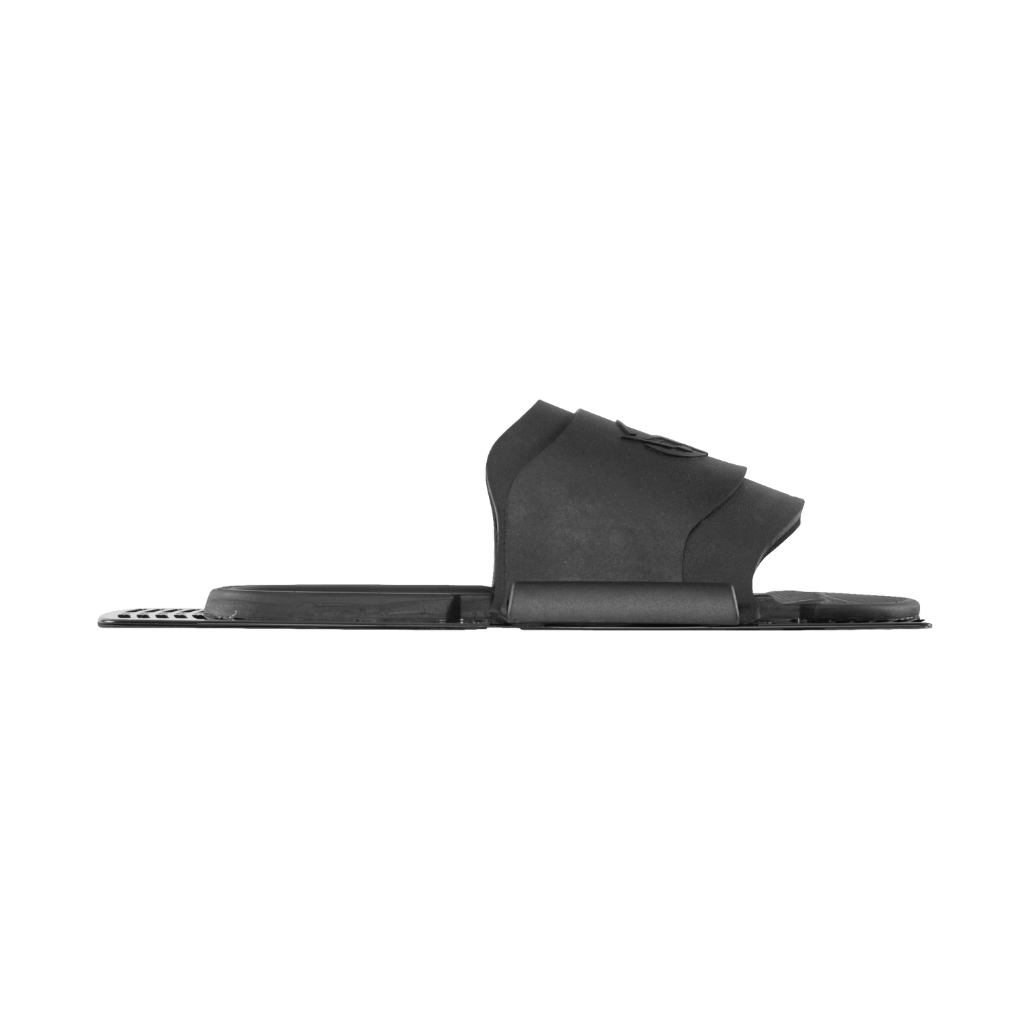 Side view of Rear Toe Plate displaying the black footbed, adjustable toe strap, and vented baseplate.