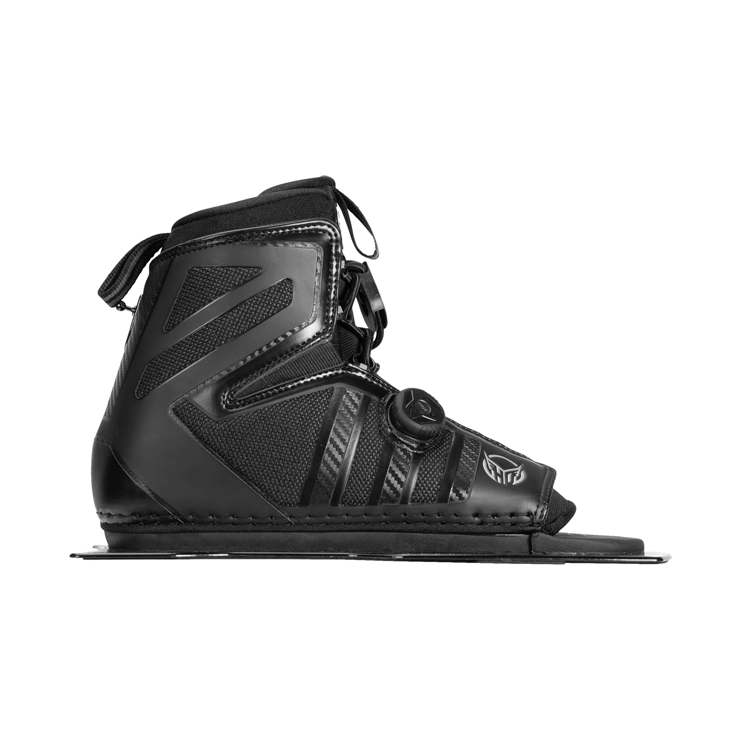Side view of the black Stance 130 Front w/ ATOP boot with glossy accents, laces, and an ATOP dial closure.