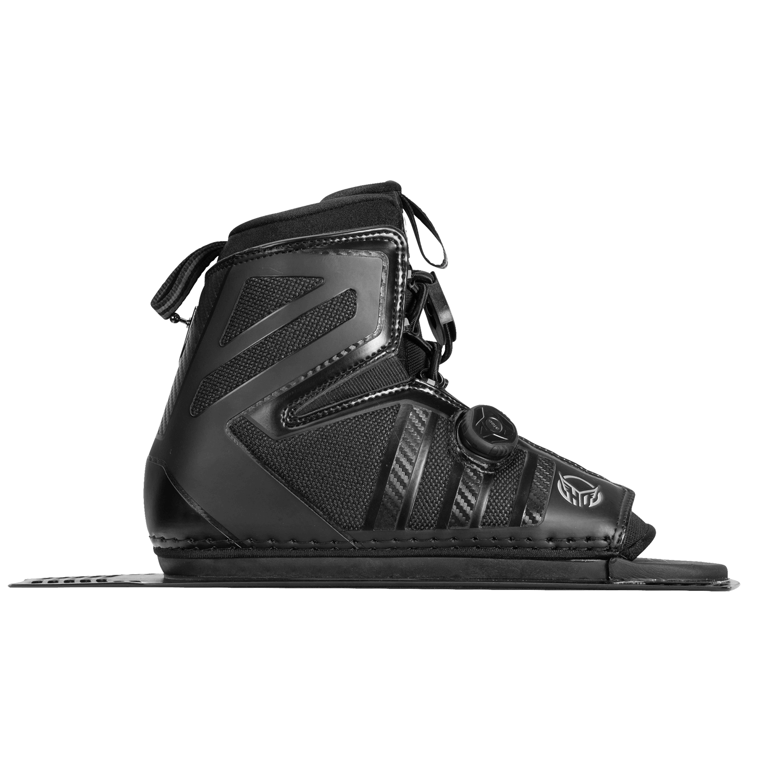 Left side view of the black Stance 130 Rear w/ ATOP boot, with angular support panels, ATOP closure, and sturdy baseplate.