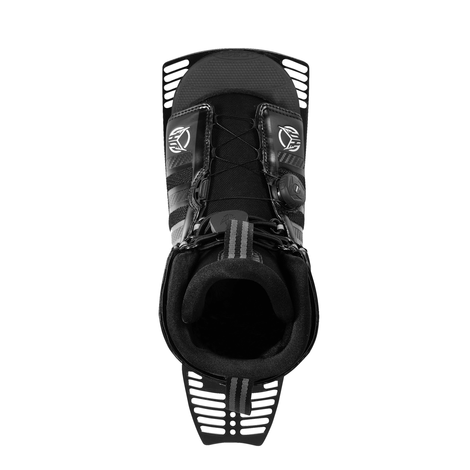 Top view of the black Stance 130 Rear w/ ATOP boot, displaying its cushioned liner, striped pull-tab, and ATOP lacing system.