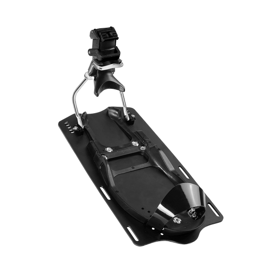 Angled view of Syndicate Hardshell Plate w/ Release, showing the full plate, mounting slots, and metal release mechanism.
